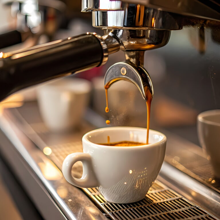 Espresso läuft aus der Siebträgermaschine in eine weiße Tasse